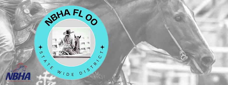 NBHA Florida Distict 00 logo superimposed over a horse in the midst of a barrel run