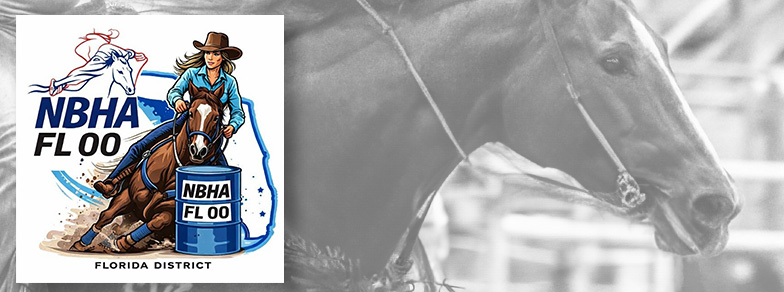NBHA Florida Distict 00 logo superimposed over a horse in the midst of a barrel run